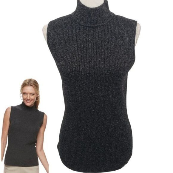 DANA BUCKMAN Mock Neck Sleeveless Tank Sweater Top Black Glitter Size Medium - Picture 1 of 9
